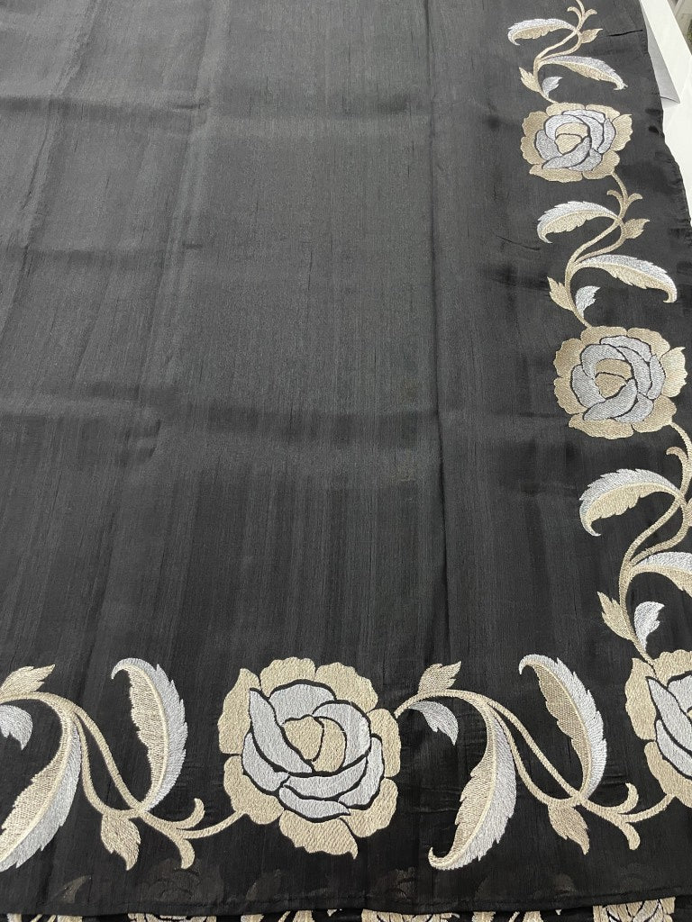 Black Floral Embroidered Semi Tussar Silk Saree