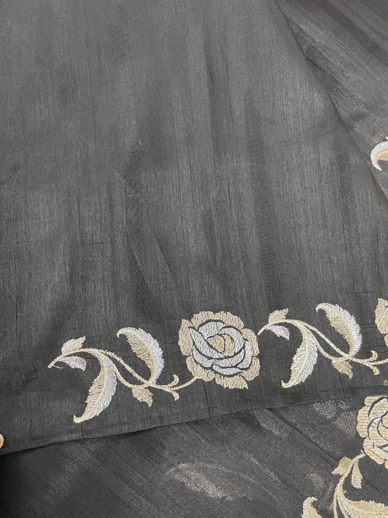 Black Floral Embroidered Semi Tussar Silk Saree