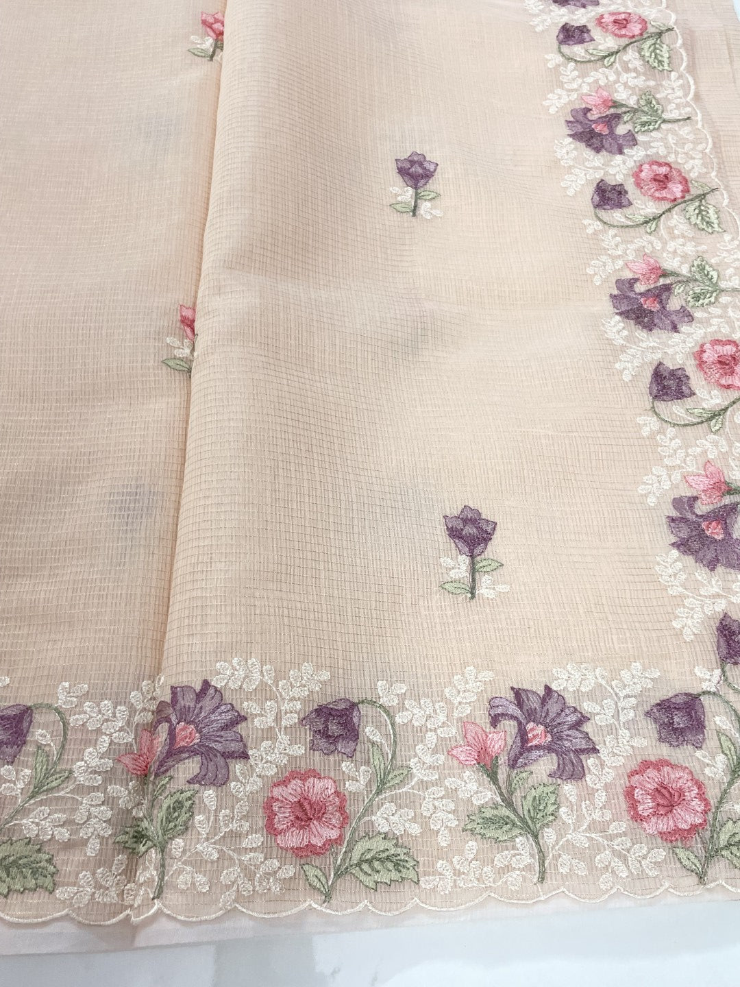 Peach Embroidered Zari Kota Saree