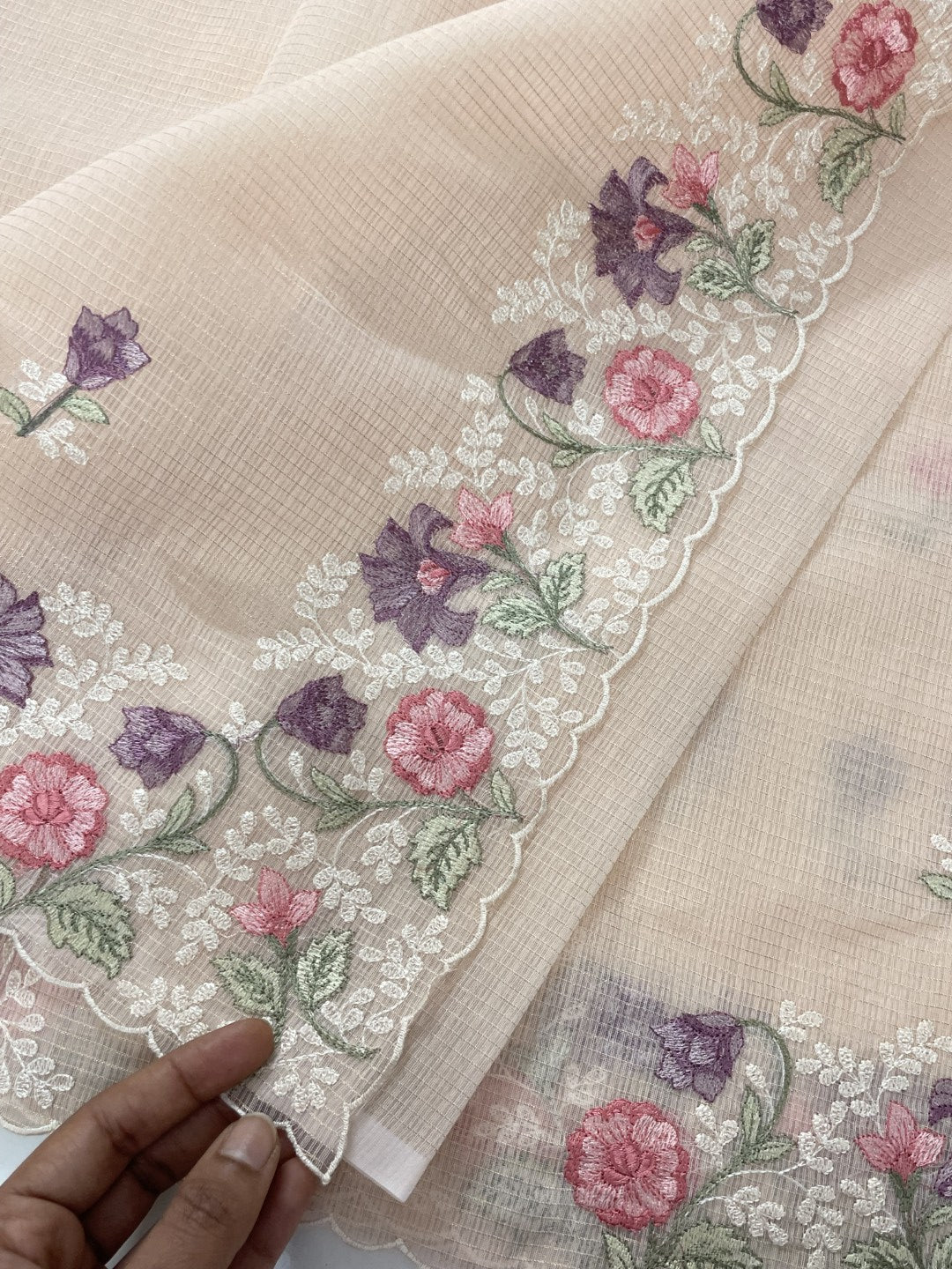 Peach Embroidered Zari Kota Saree