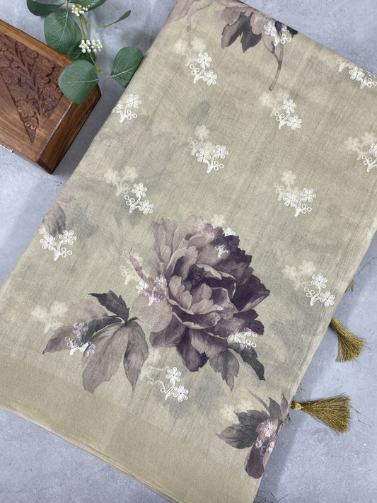 Cream Printed Embroidery Soft Organza Saree