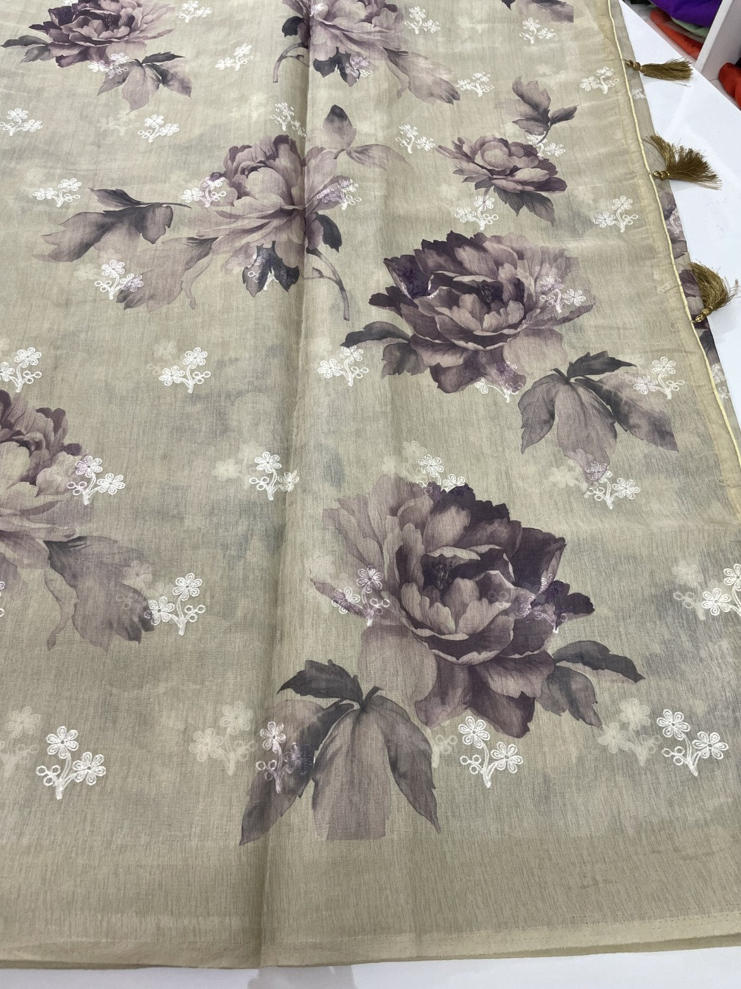 Cream Printed Embroidery Soft Organza Saree
