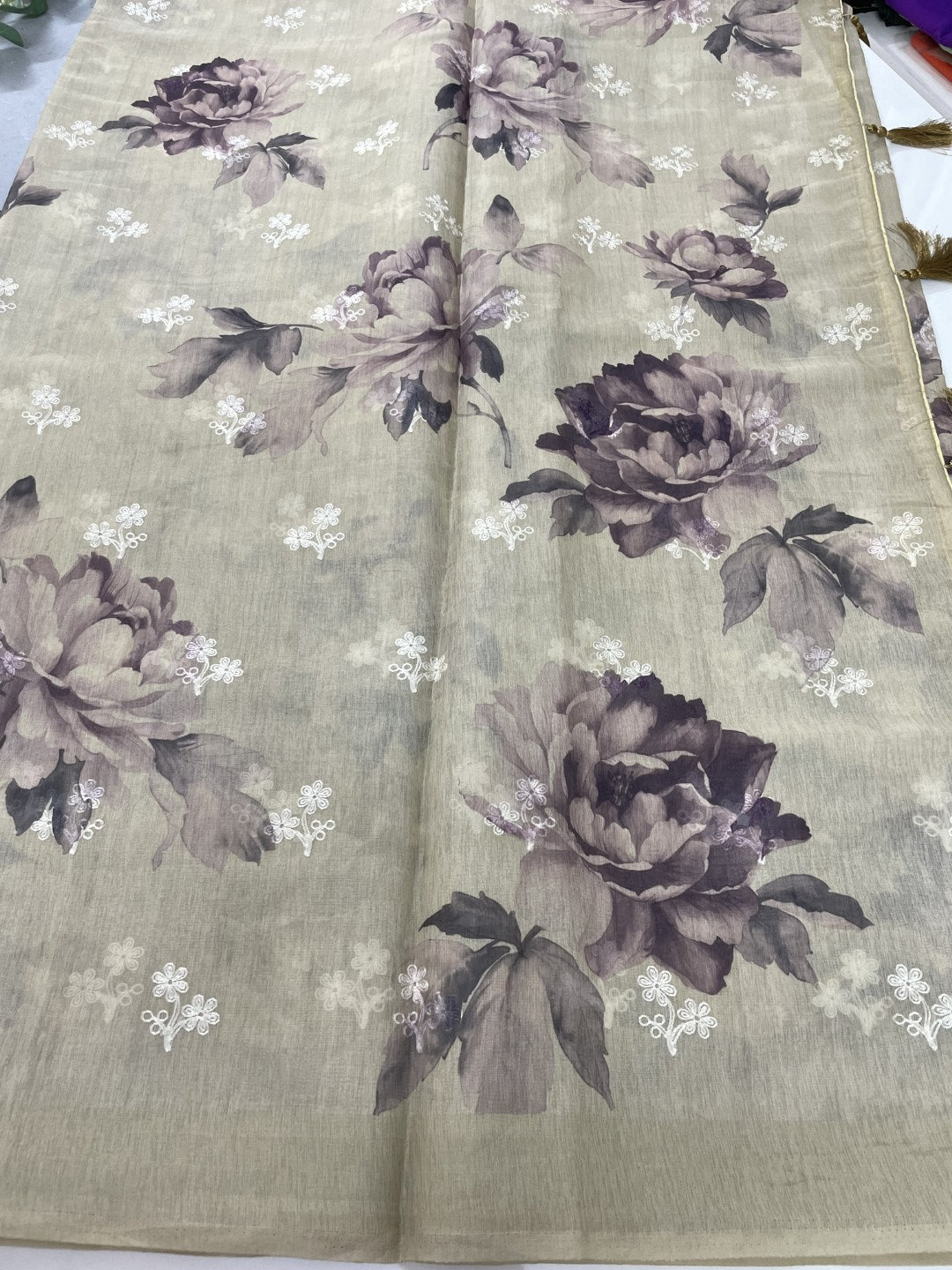 Cream Printed Embroidery Soft Organza Saree
