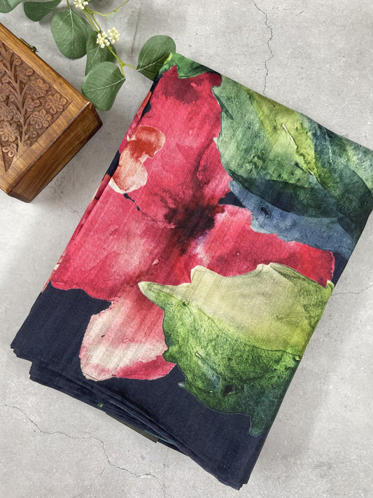 Black 02 Floral Printed Semi Tussar Saree