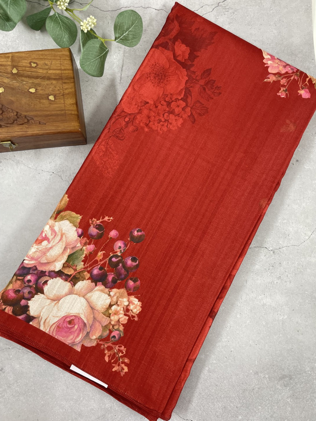 Maroon Red Floral Printed Semi Tussar Saree