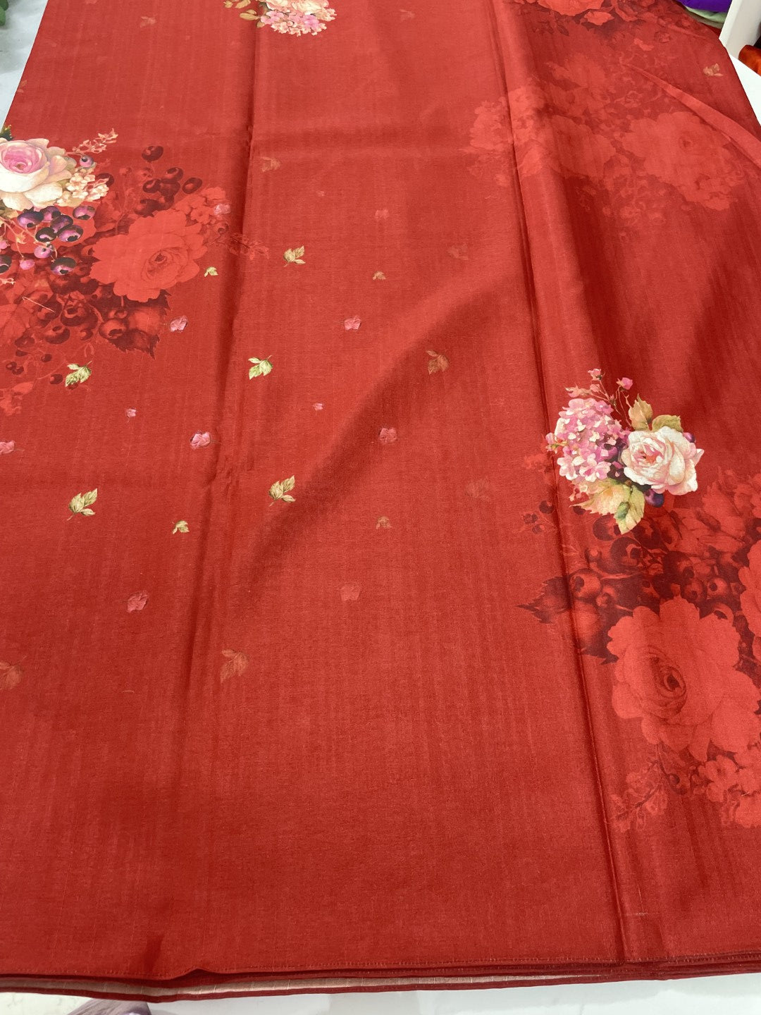 Maroon Red Floral Printed Semi Tussar Saree