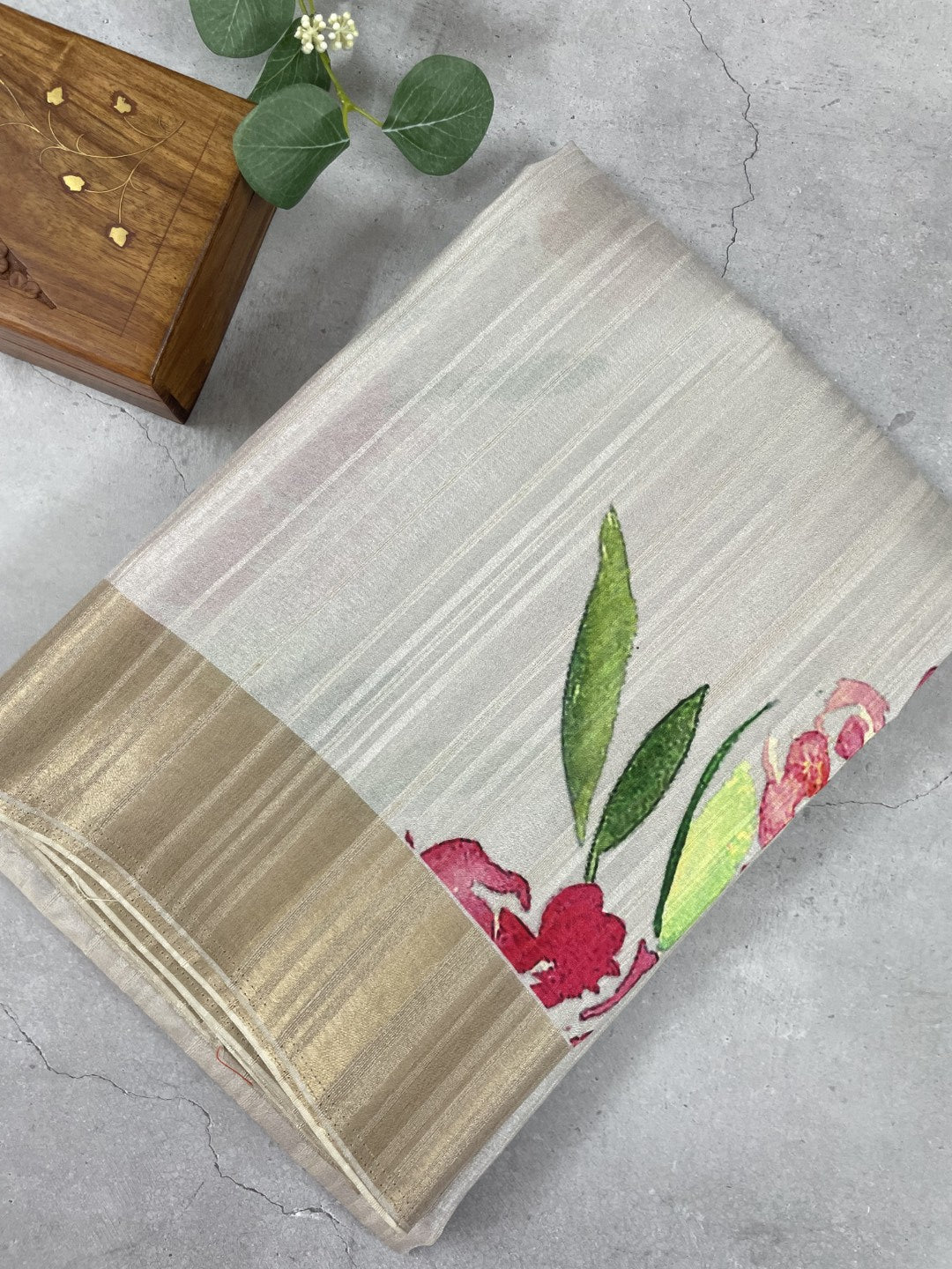 White Floral Printed Semi Tussar Saree