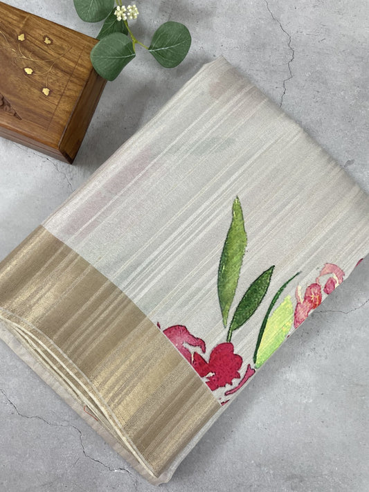 White Floral Printed Semi Tussar Saree