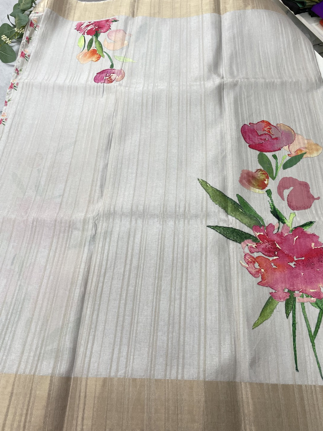 White Floral Printed Semi Tussar Saree