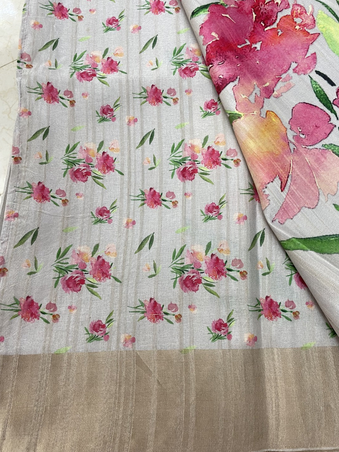 White Floral Printed Semi Tussar Saree