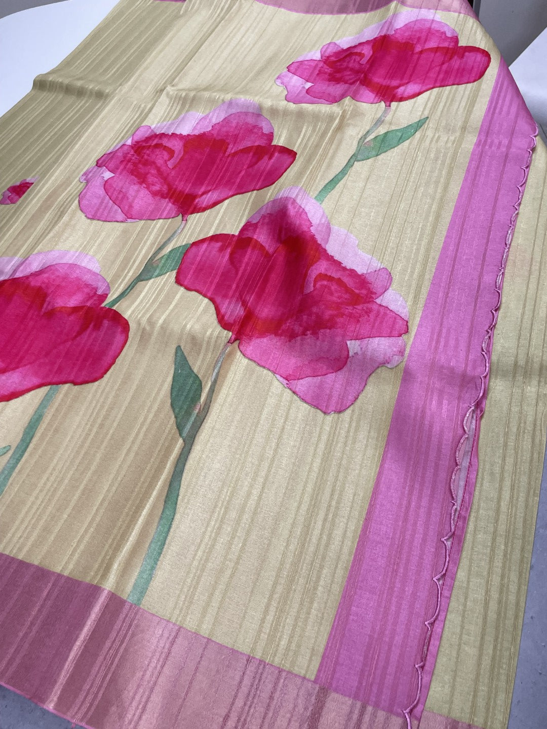 Yellow Floral Printed Semi Tussar Saree