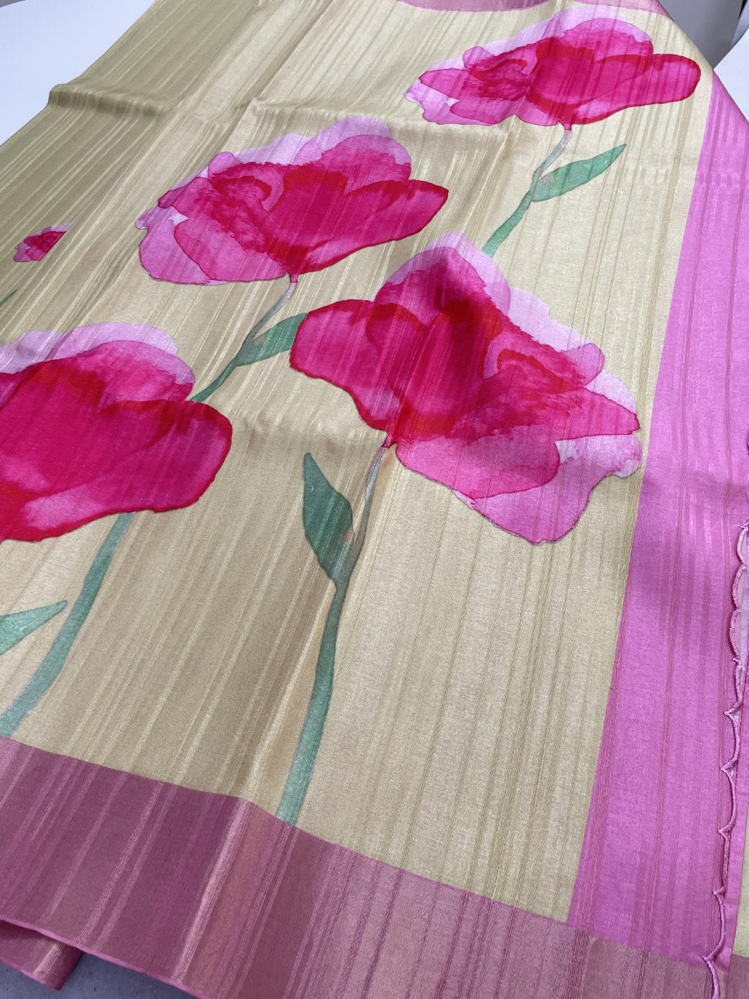 Yellow Floral Printed Semi Tussar Saree