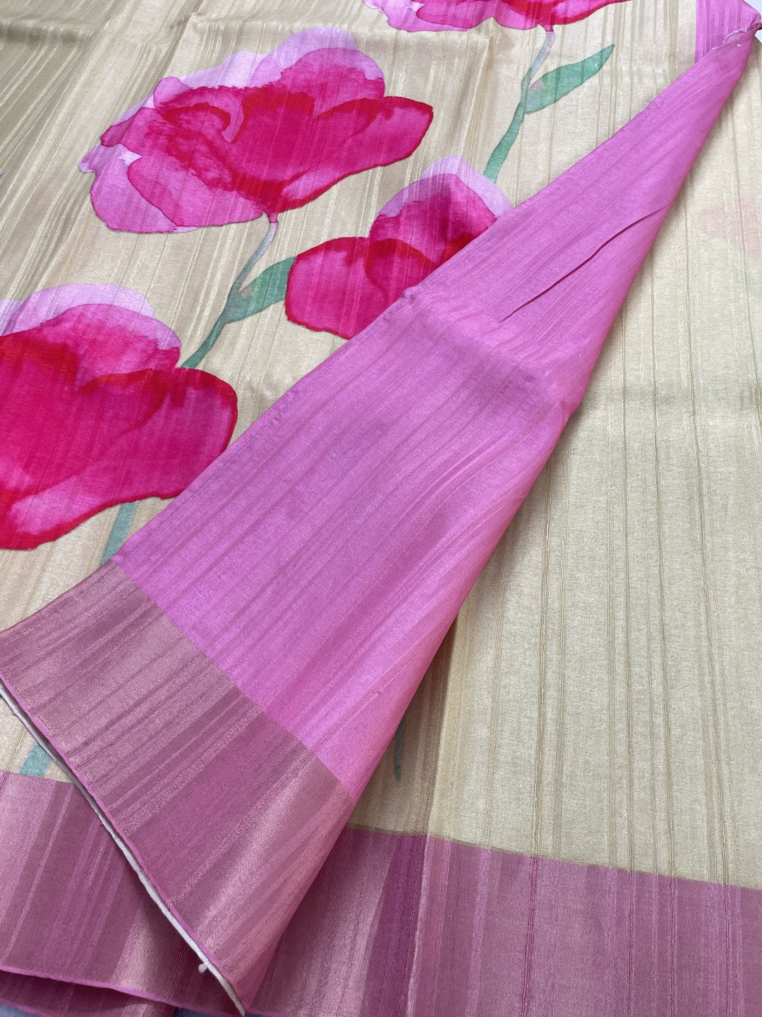 Yellow Floral Printed Semi Tussar Saree