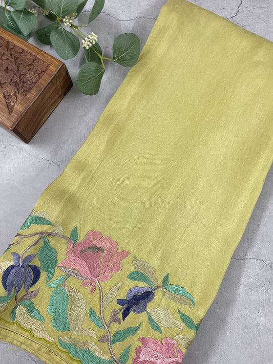 Mehandi Green Floral Embroidered Soft Munga Silk Saree