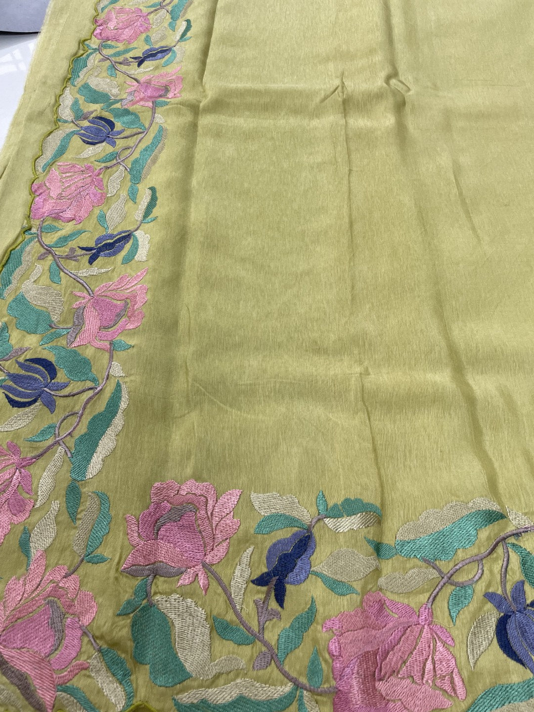 Mehandi Green Floral Embroidered Soft Munga Silk Saree