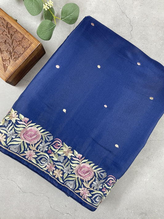 Blue Floral Embroidred Soft Munga Silk Saree