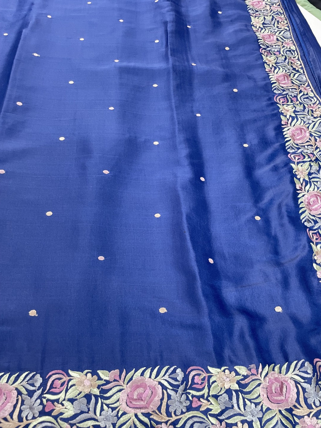 Blue Floral Embroidred Soft Munga Silk Saree