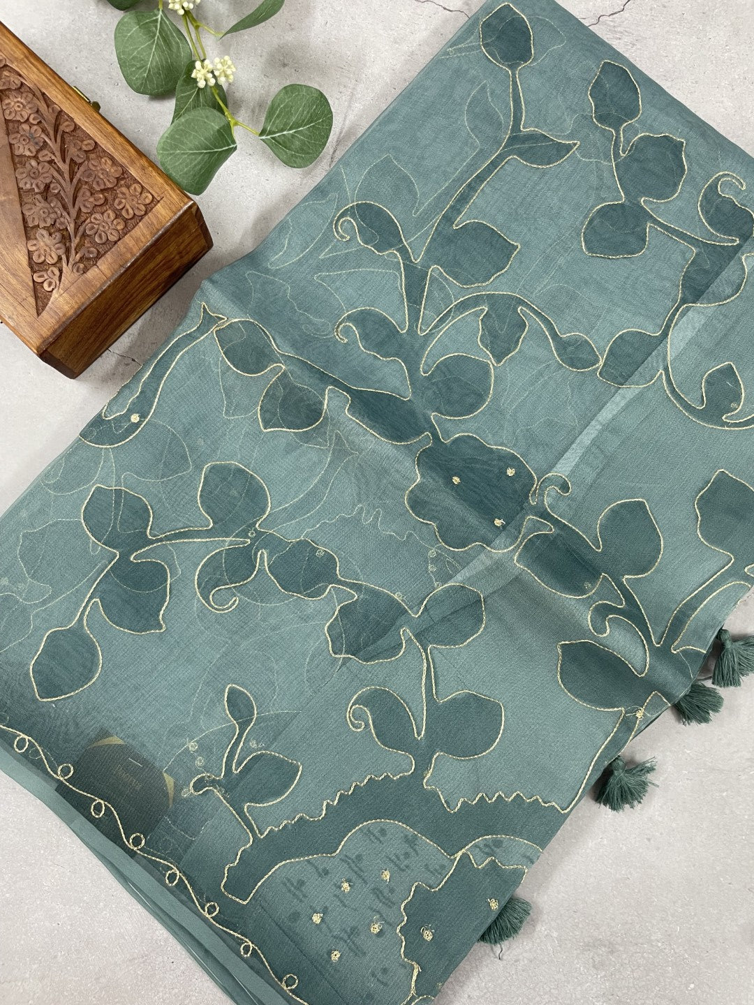 Dusty Blue Printed Zari Highlight Organza Saree