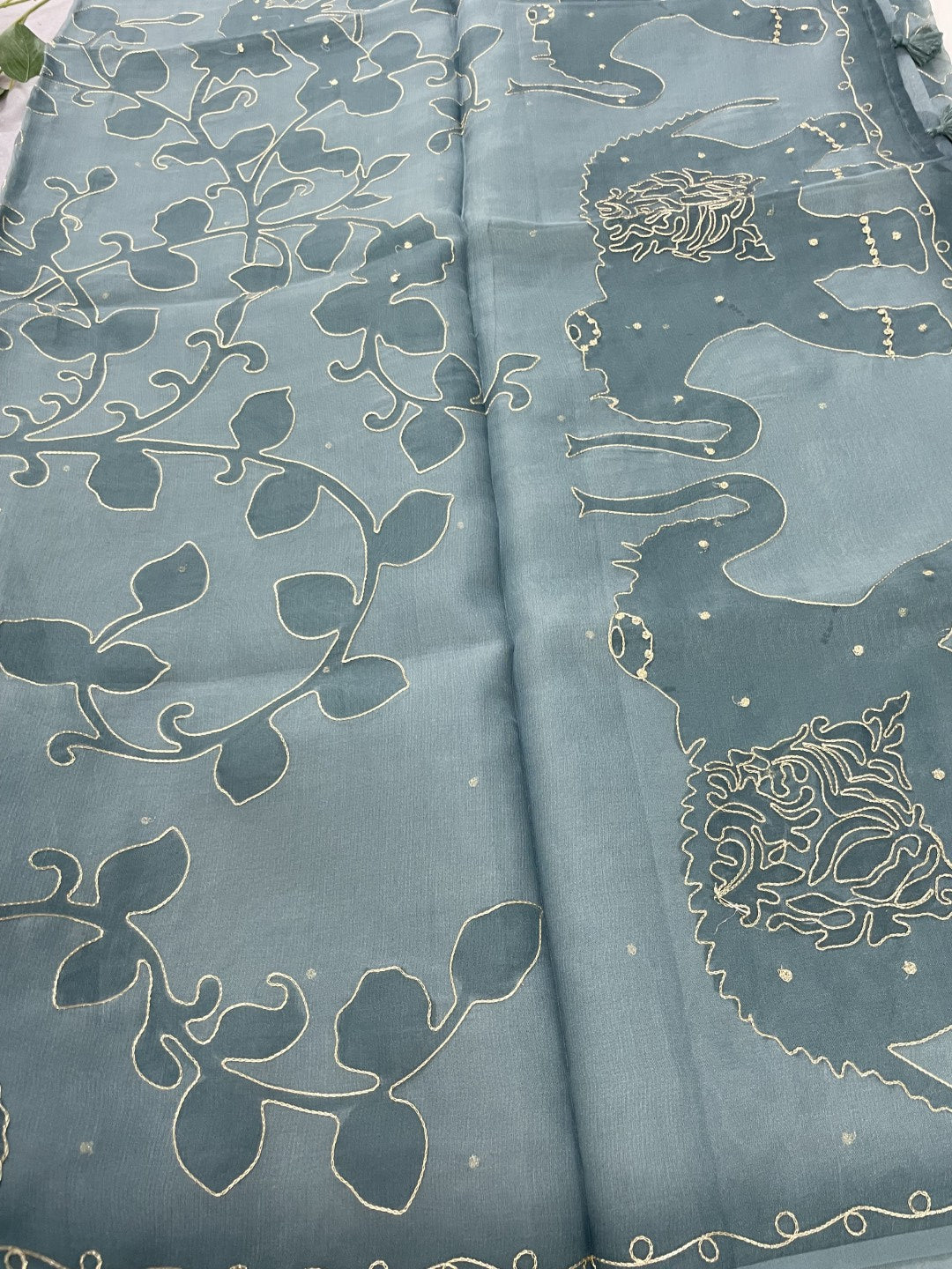 Dusty Blue Printed Zari Highlight Organza Saree