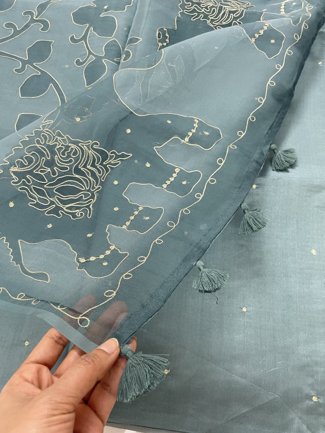 Dusty Blue Printed Zari Highlight Organza Saree