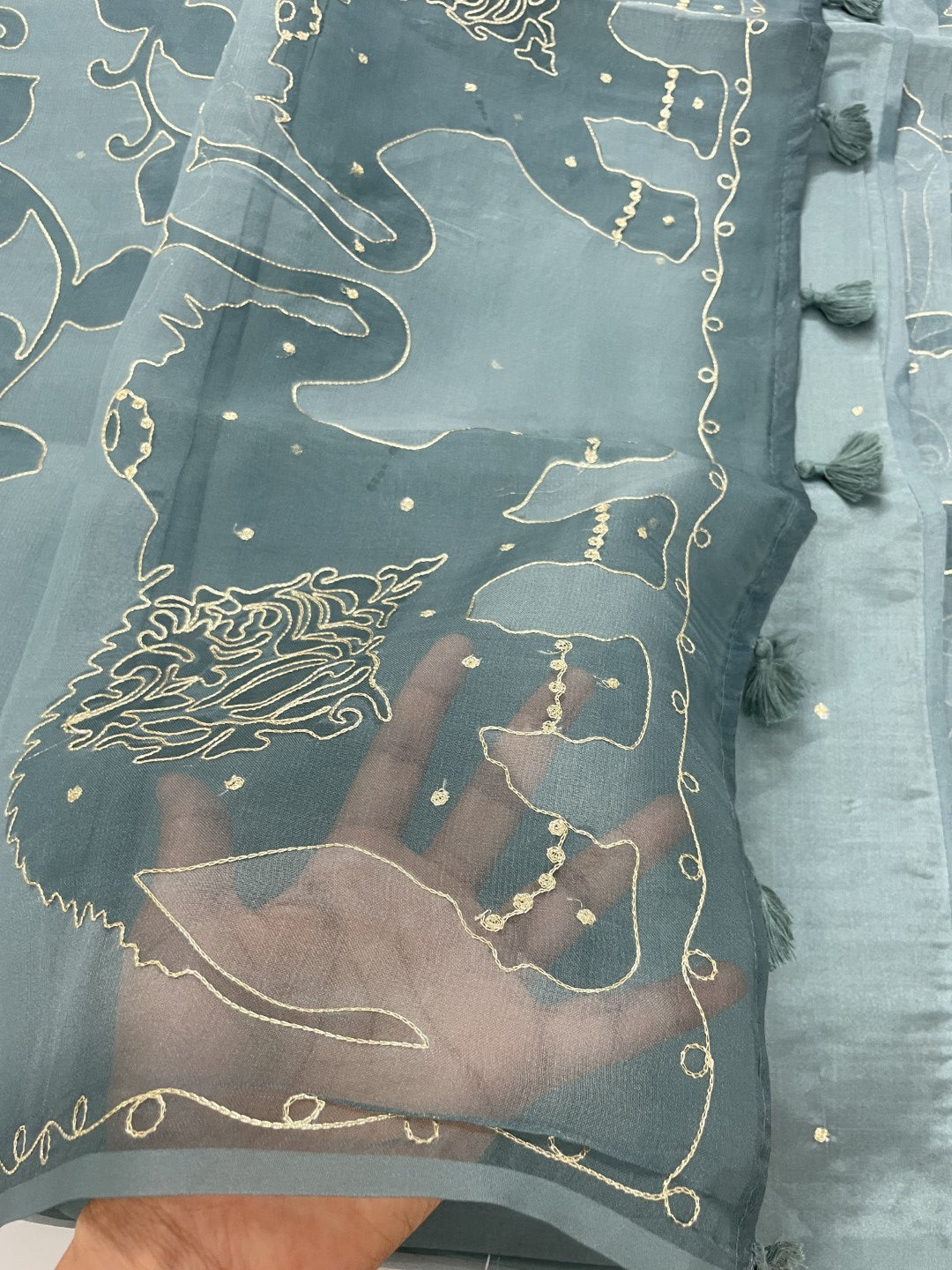 Dusty Blue Printed Zari Highlight Organza Saree