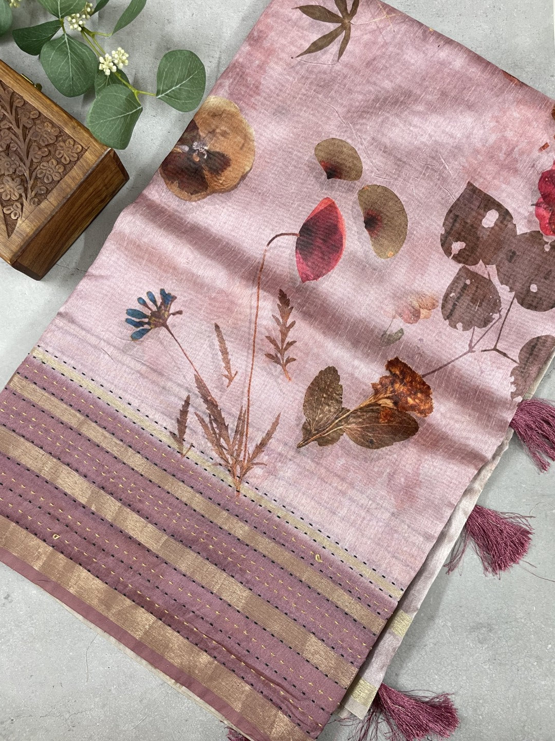 Onion Shade Floral Printed Semi Tussar Saree