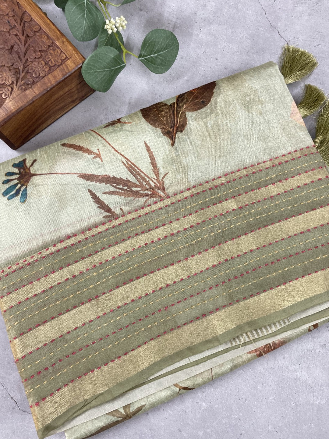 Light Blue Floral Printed Semi Tussar Saree