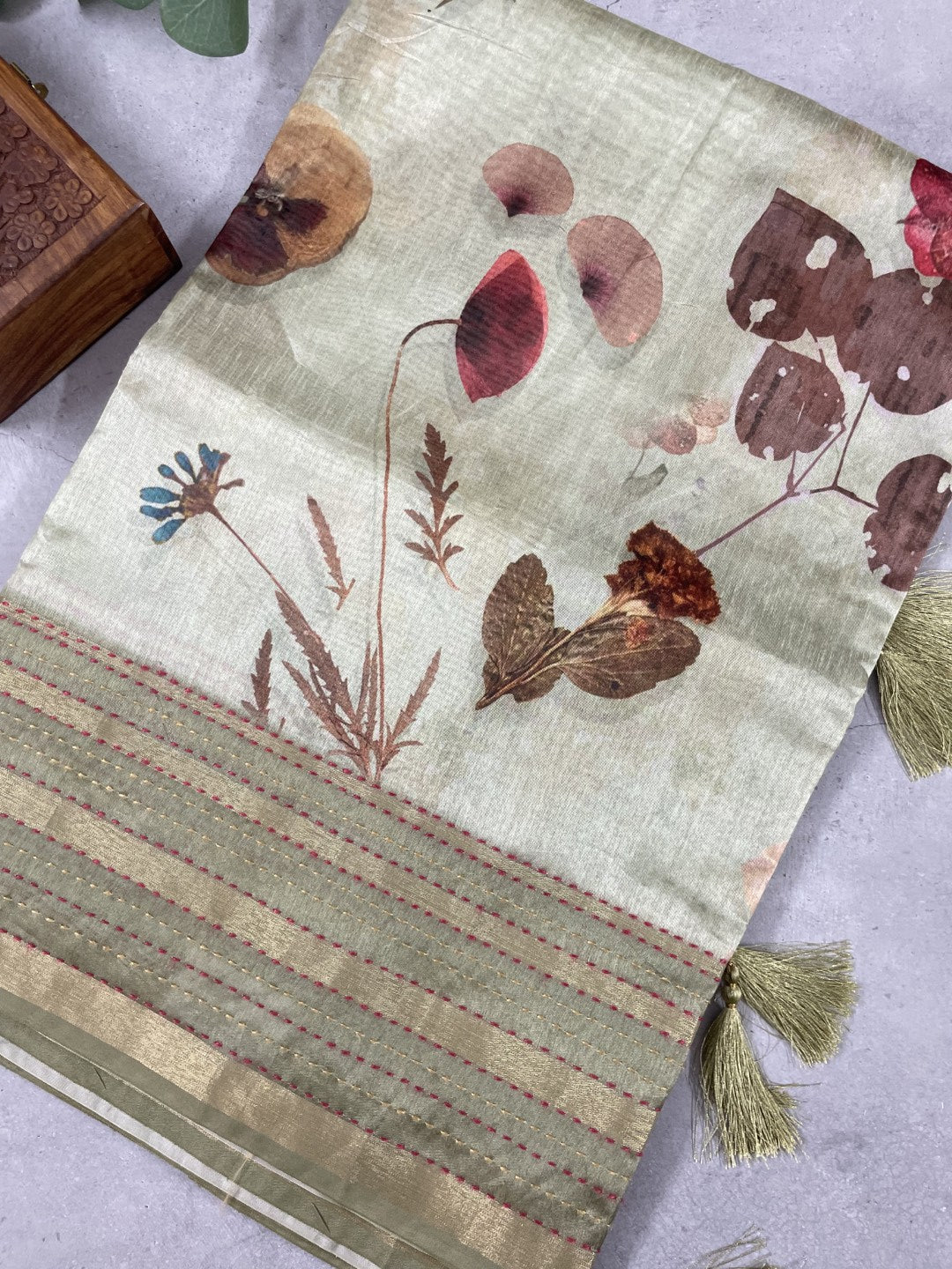 Light Blue Floral Printed Semi Tussar Saree