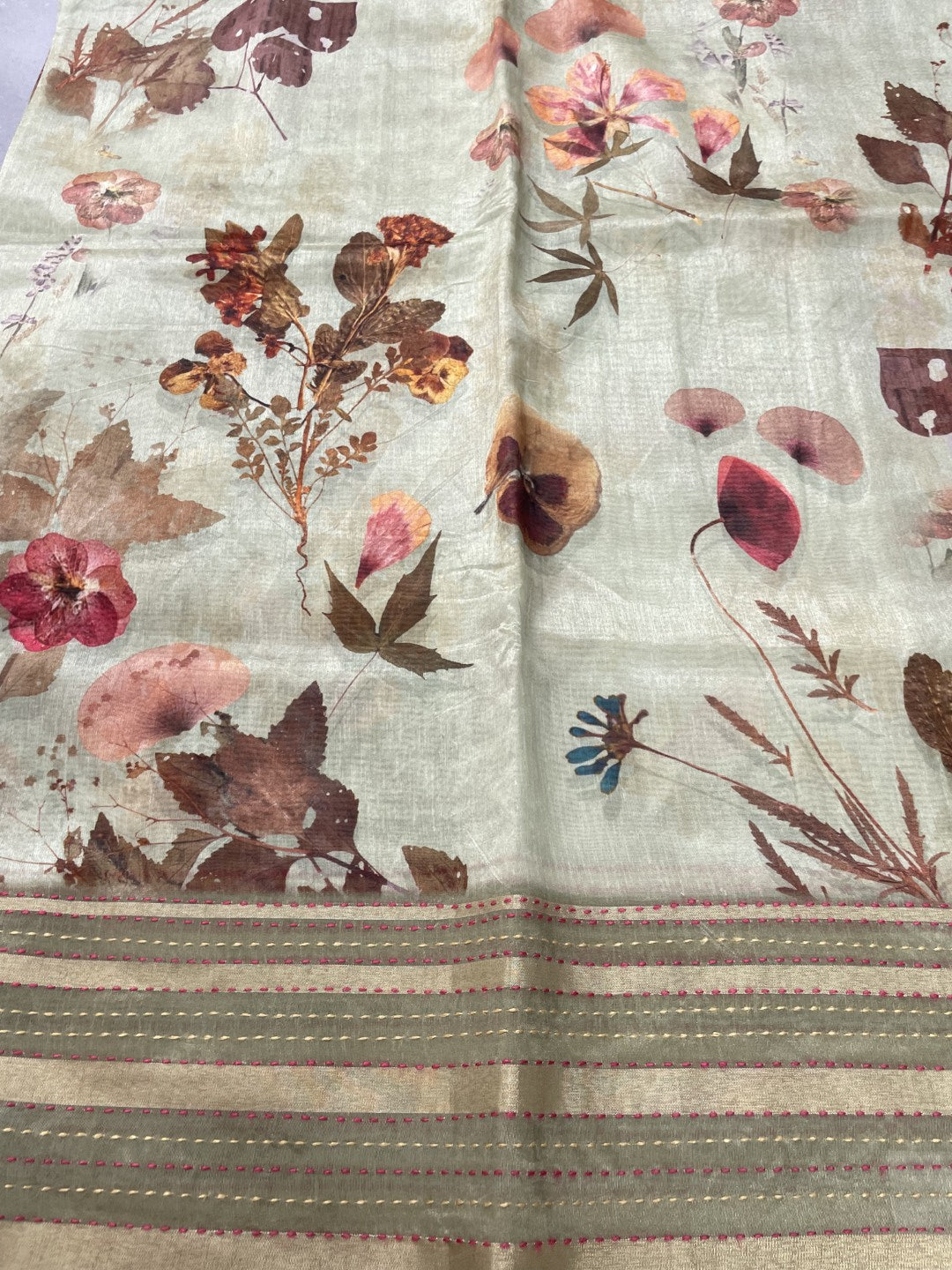 Light Blue Floral Printed Semi Tussar Saree