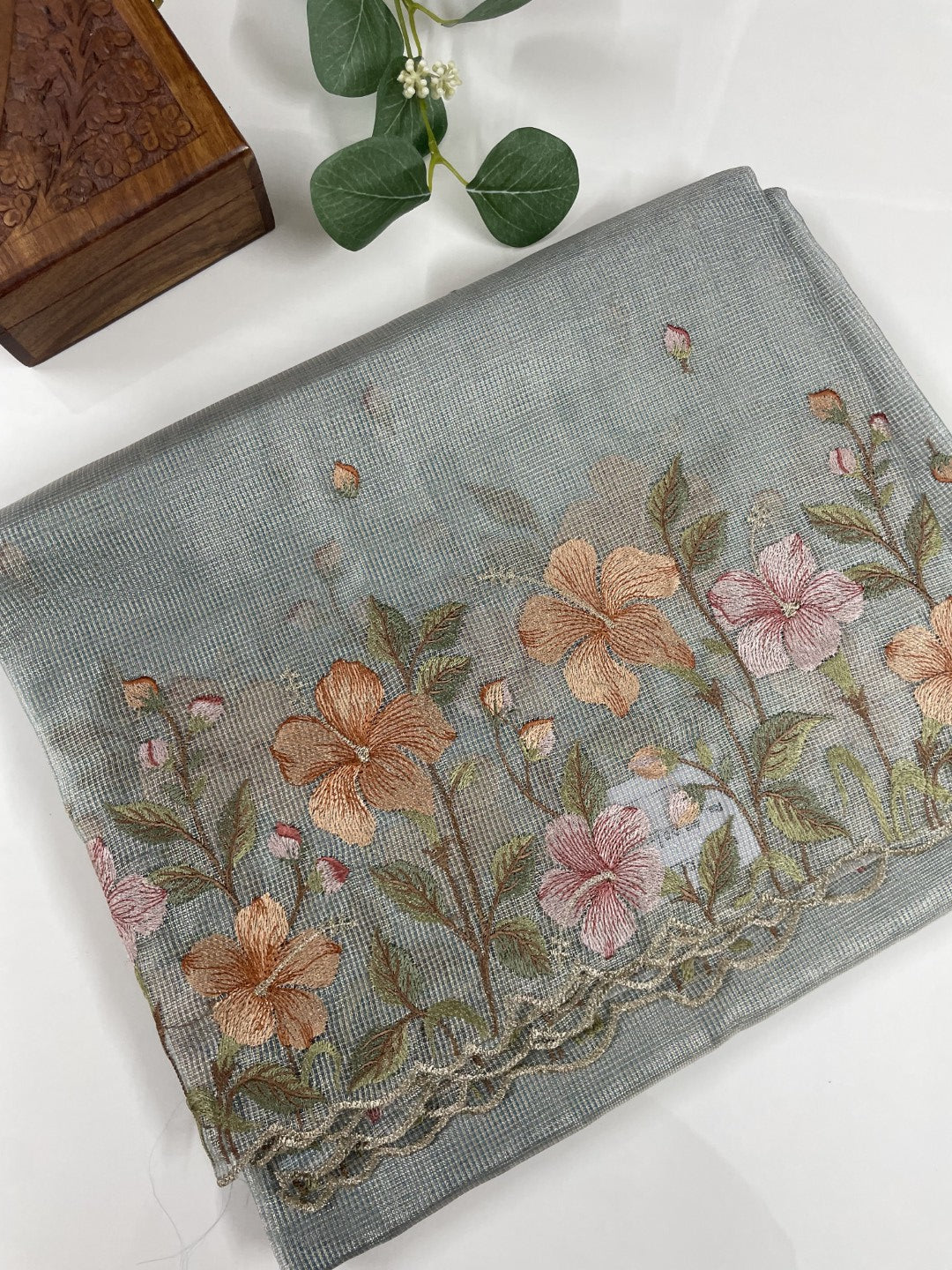 Blue Floral Embroidery Checks Zari Tissue Silk Saree
