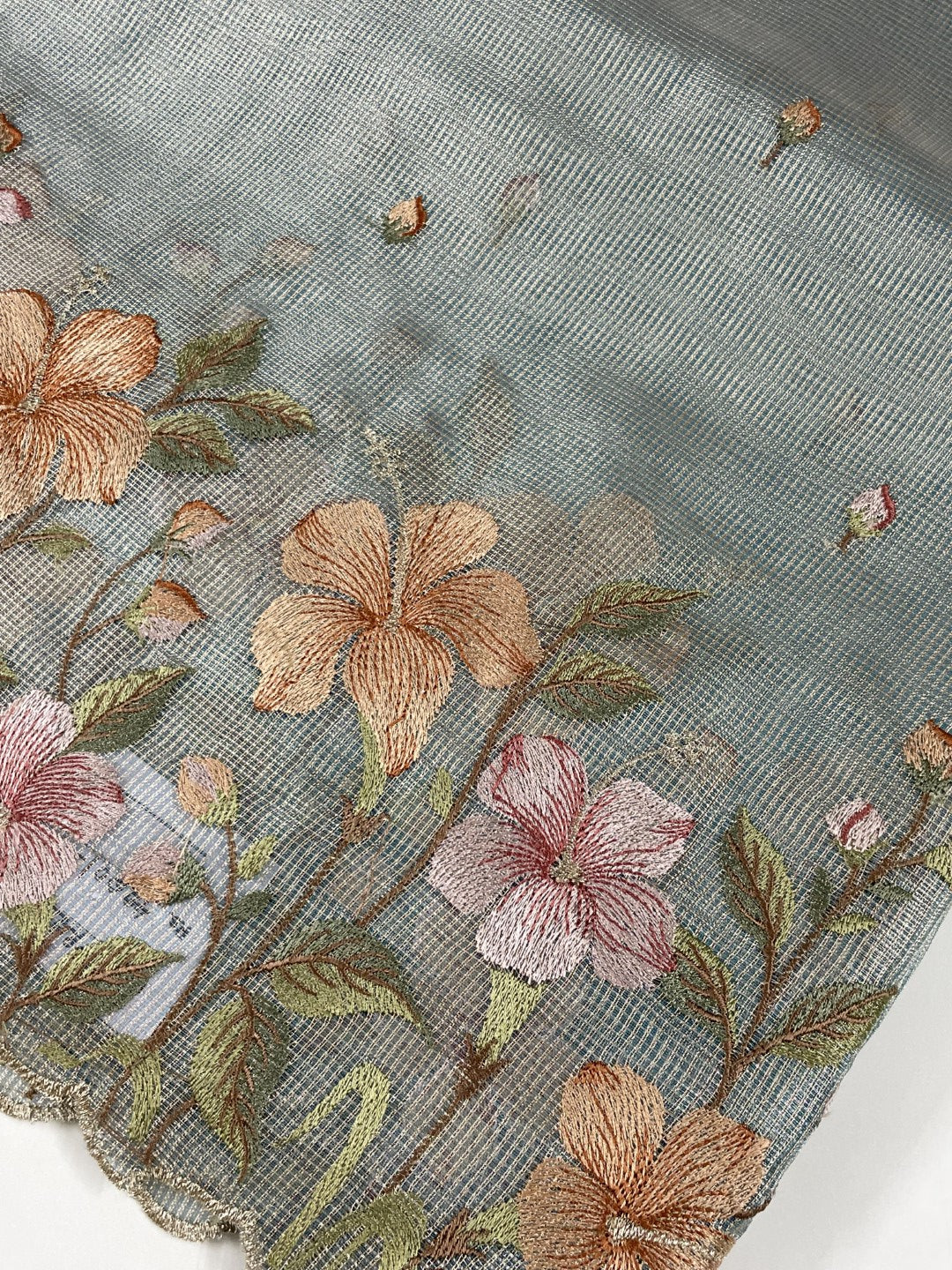 Blue Floral Embroidery Checks Zari Tissue Silk Saree