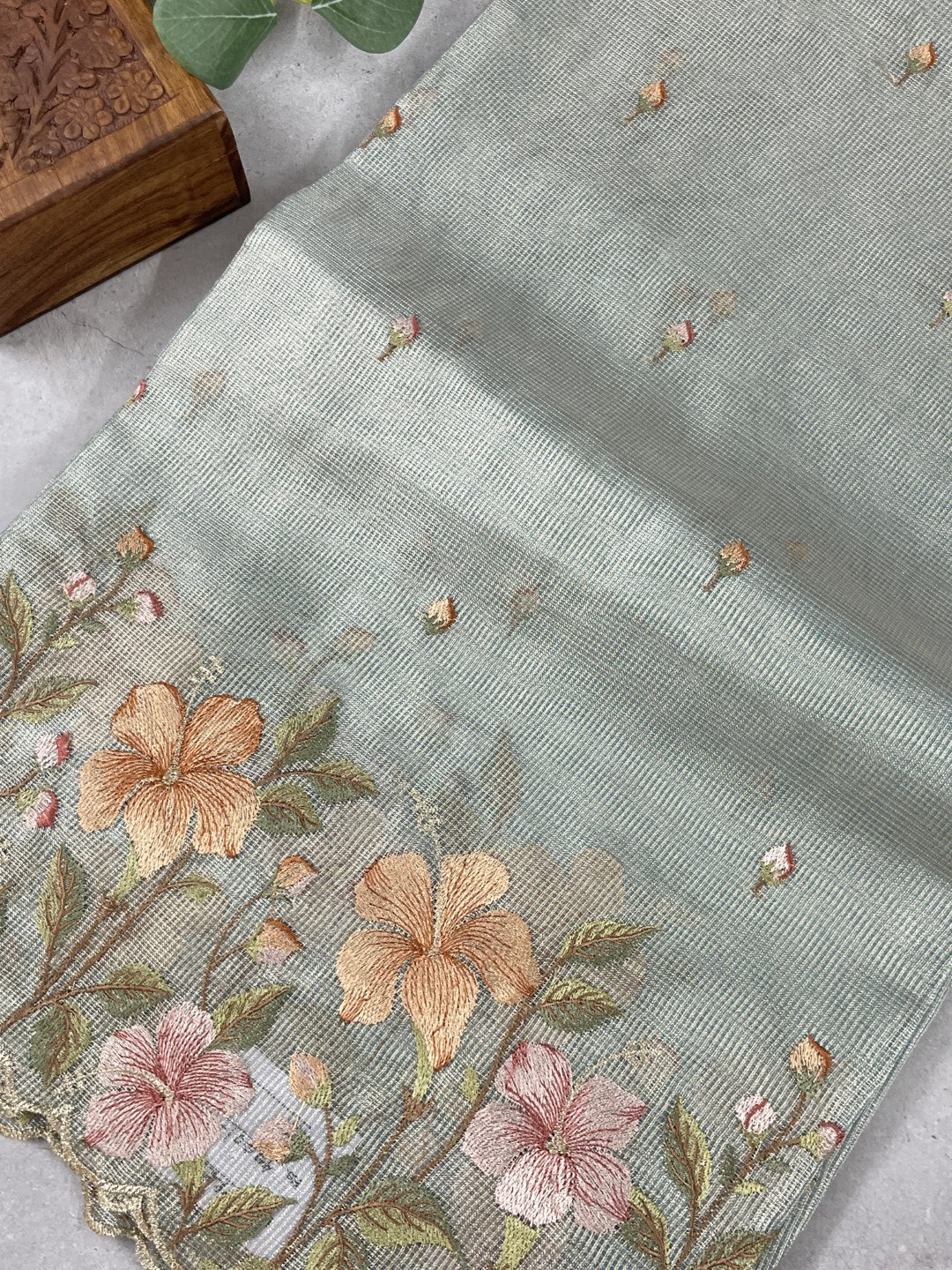 Blue Floral Embroidery Checks Zari Tissue Silk Saree