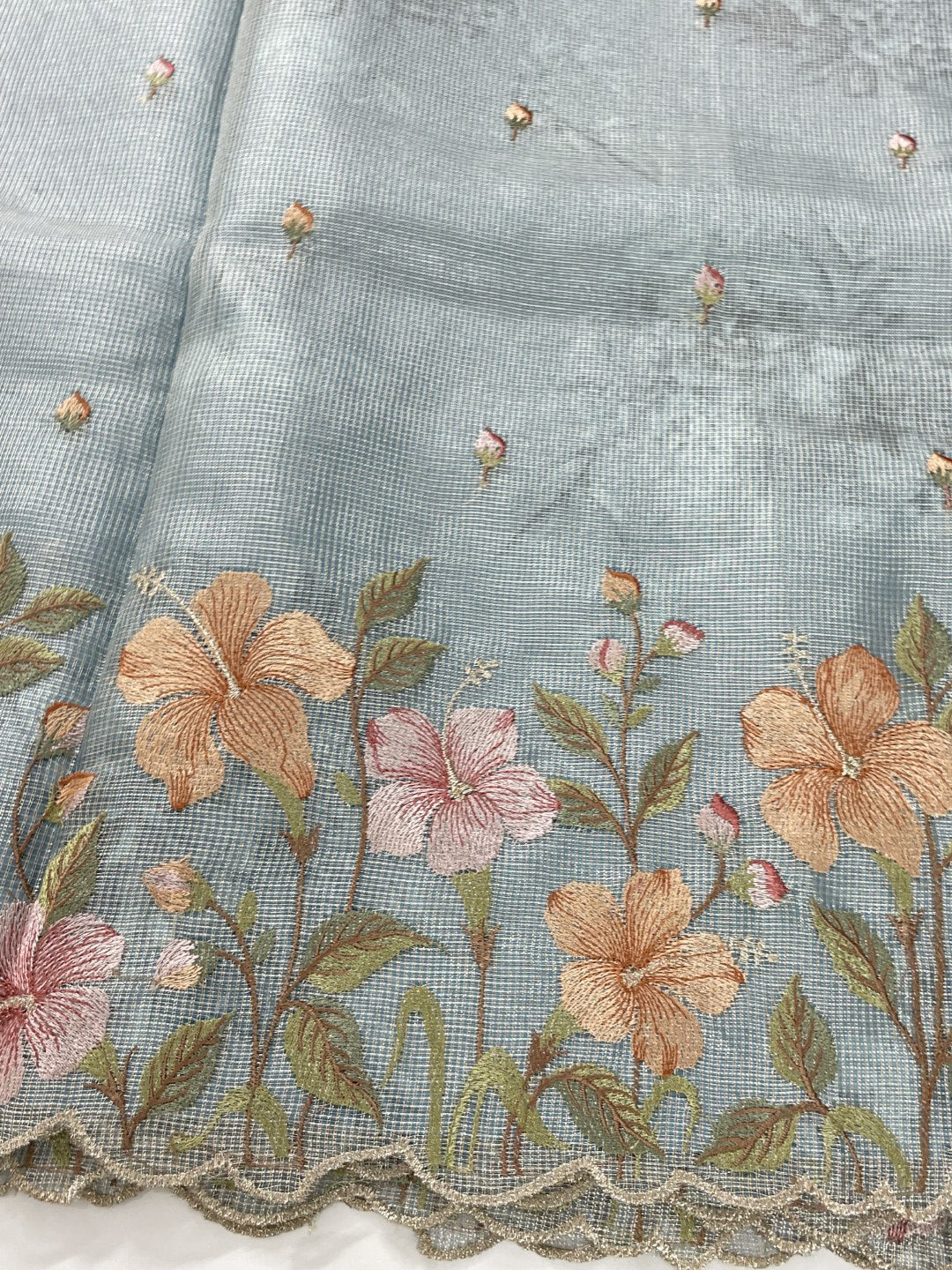 Blue Floral Embroidery Checks Zari Tissue Silk Saree