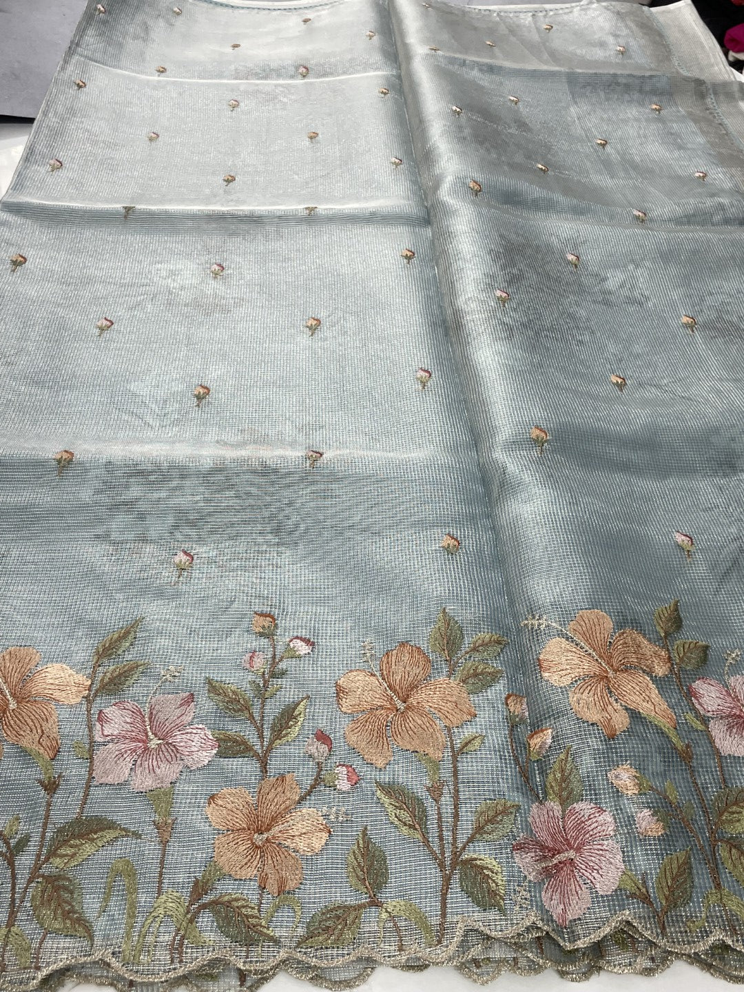 Blue Floral Embroidery Checks Zari Tissue Silk Saree