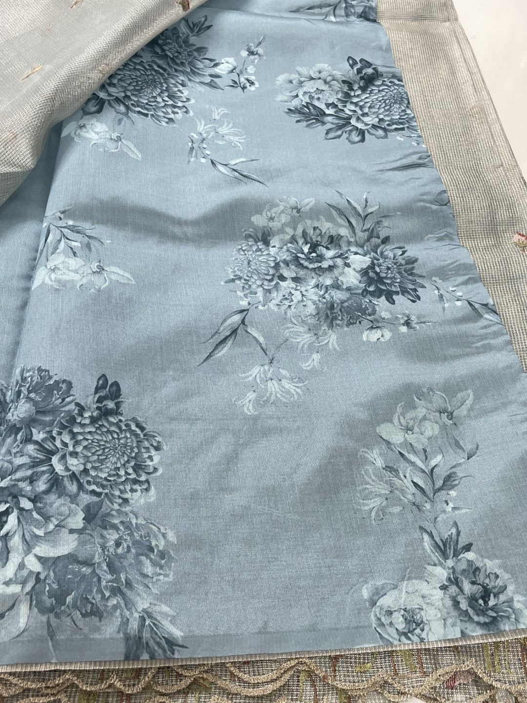 Blue Floral Embroidery Checks Zari Tissue Silk Saree
