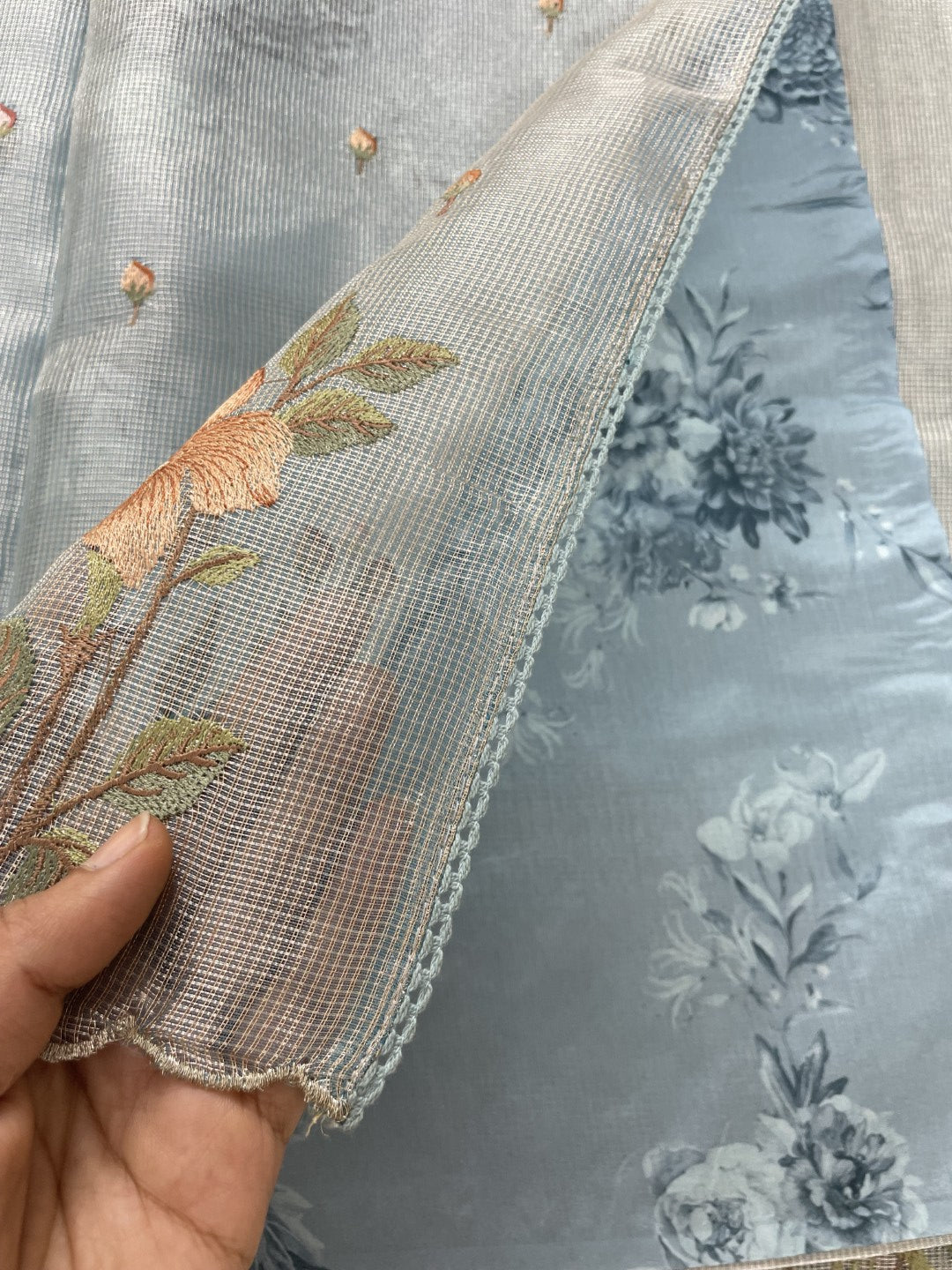 Blue Floral Embroidery Checks Zari Tissue Silk Saree