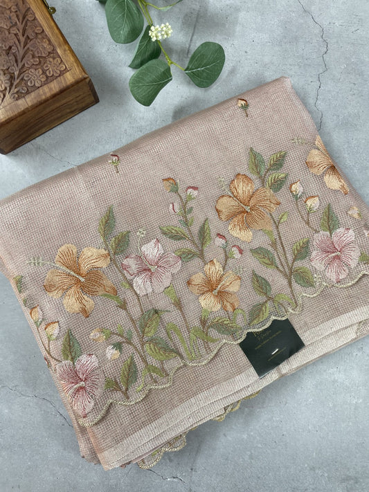 Onion Pink Floral Embroidery Checks Zari Tissue Silk Saree