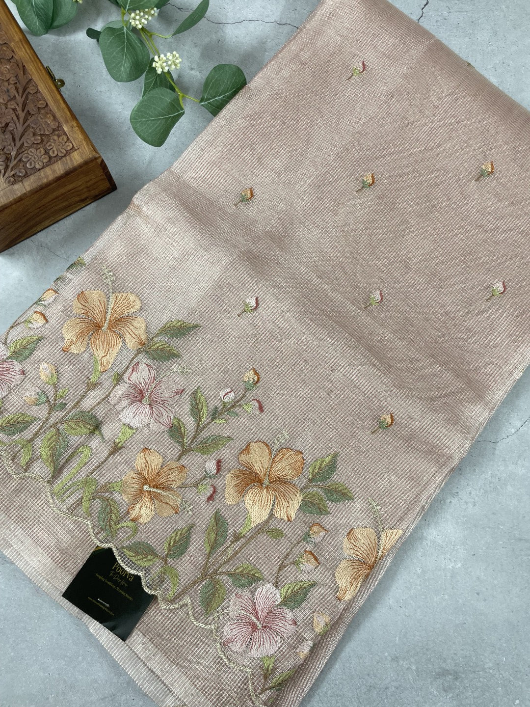Onion Pink Floral Embroidery Checks Zari Tissue Silk Saree