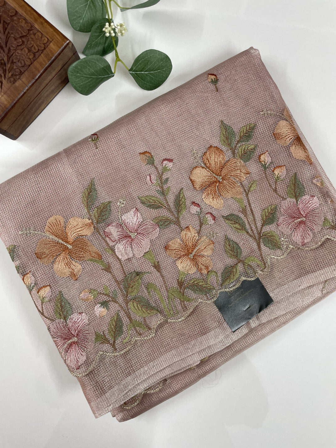 Onion Pink Floral Embroidery Checks Zari Tissue Silk Saree