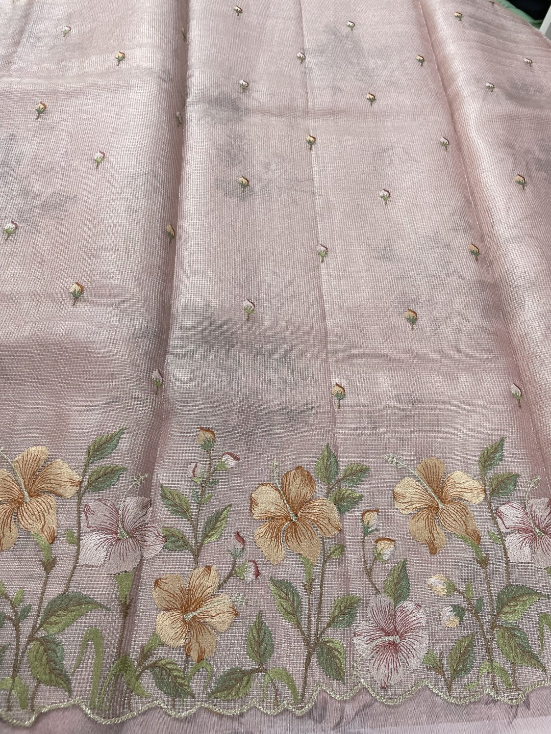 Onion Pink Floral Embroidery Checks Zari Tissue Silk Saree