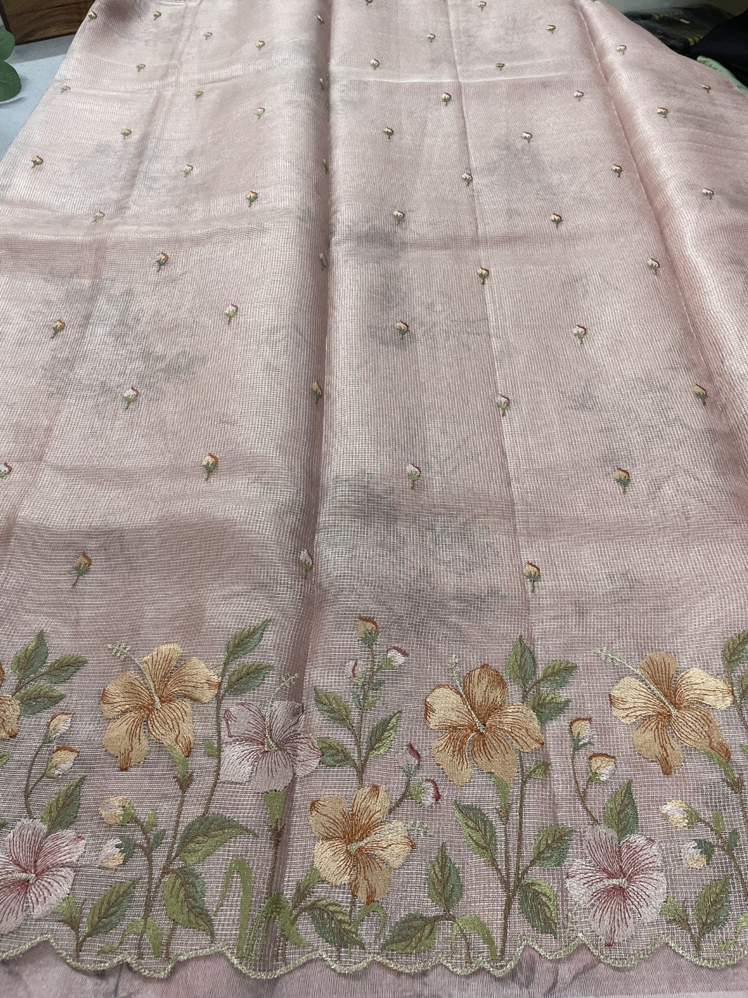 Onion Pink Floral Embroidery Checks Zari Tissue Silk Saree