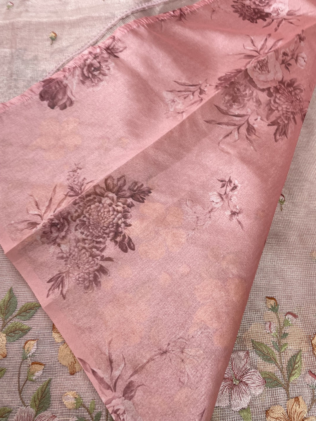 Onion Pink Floral Embroidery Checks Zari Tissue Silk Saree