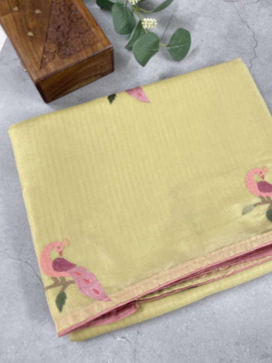 Yellow Peacock Embroidery Organza Saree