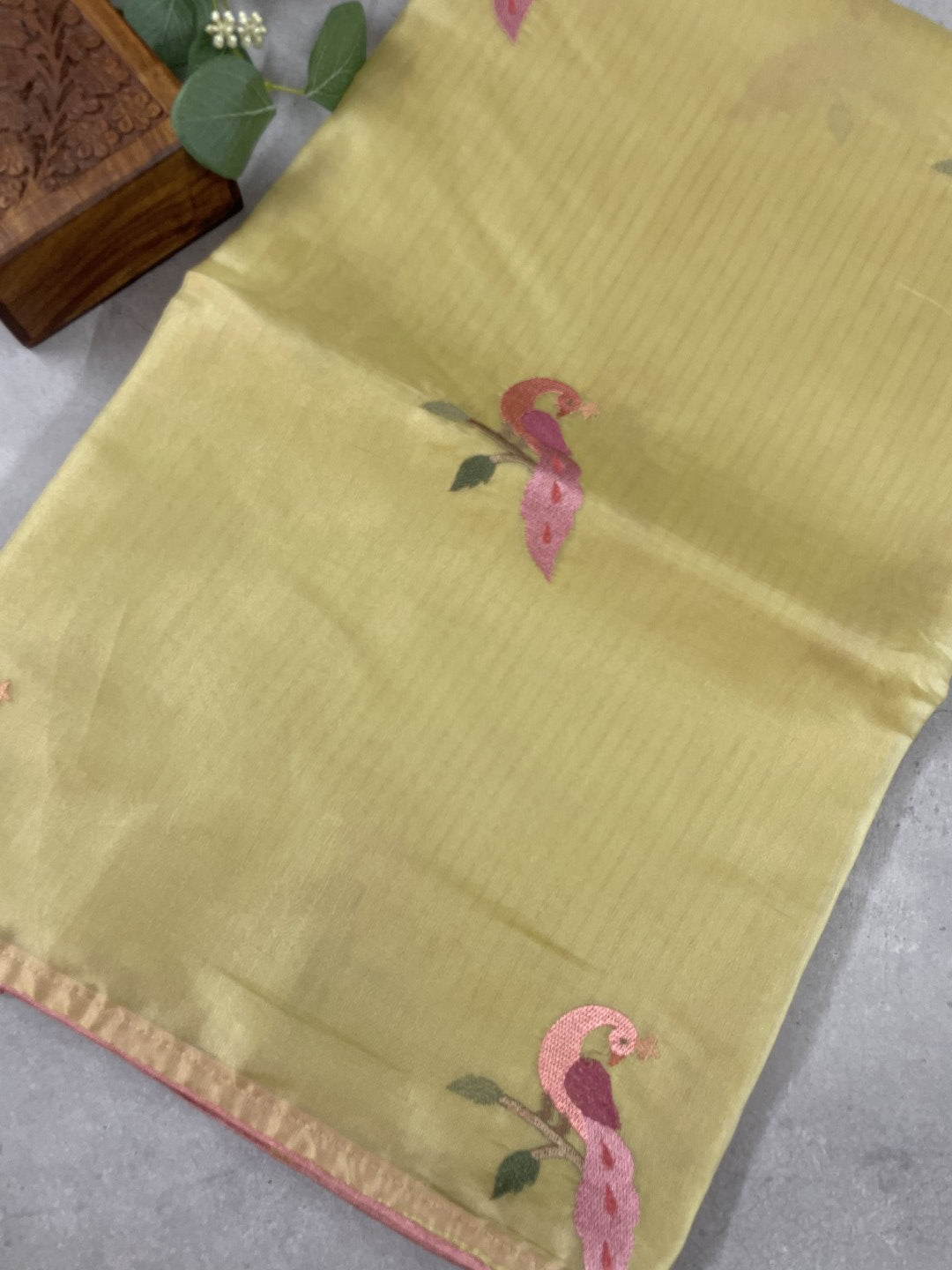 Yellow Peacock Embroidery Organza Saree