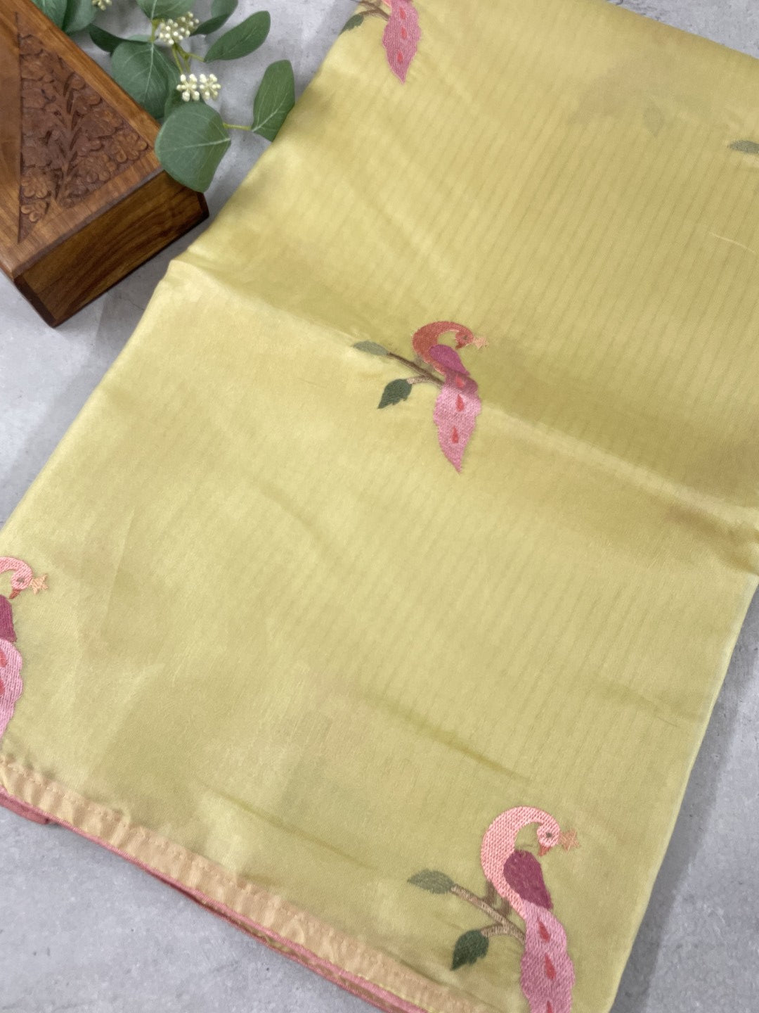 Yellow Peacock Embroidery Organza Saree