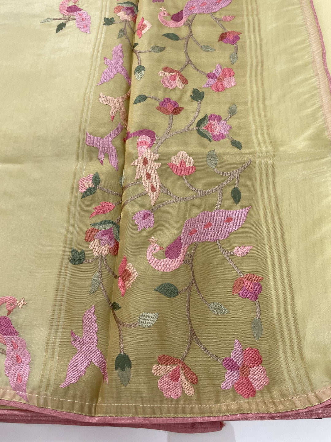Yellow Peacock Embroidery Organza Saree