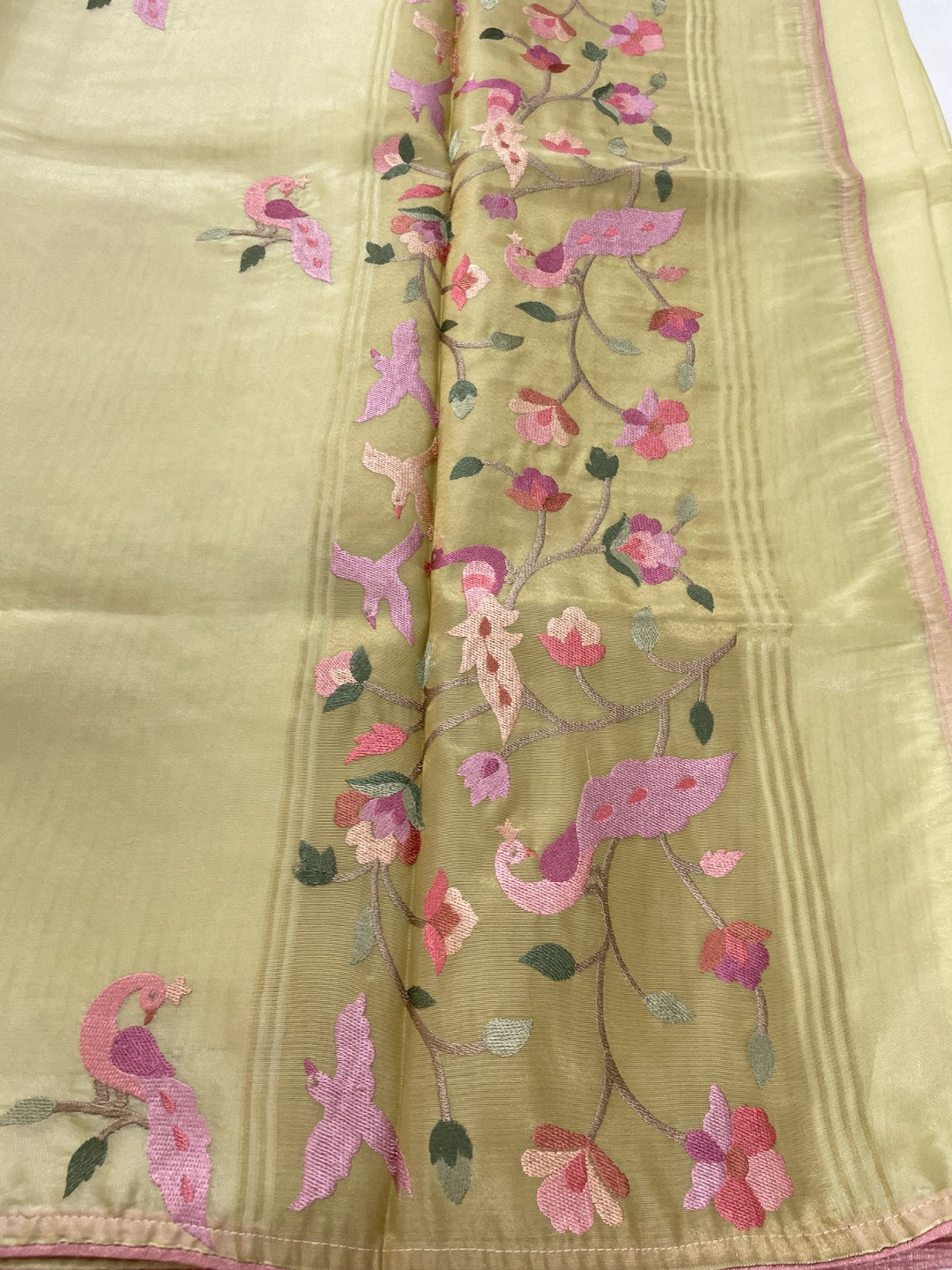 Yellow Peacock Embroidery Organza Saree