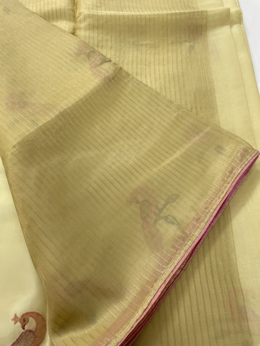 Yellow Peacock Embroidery Organza Saree