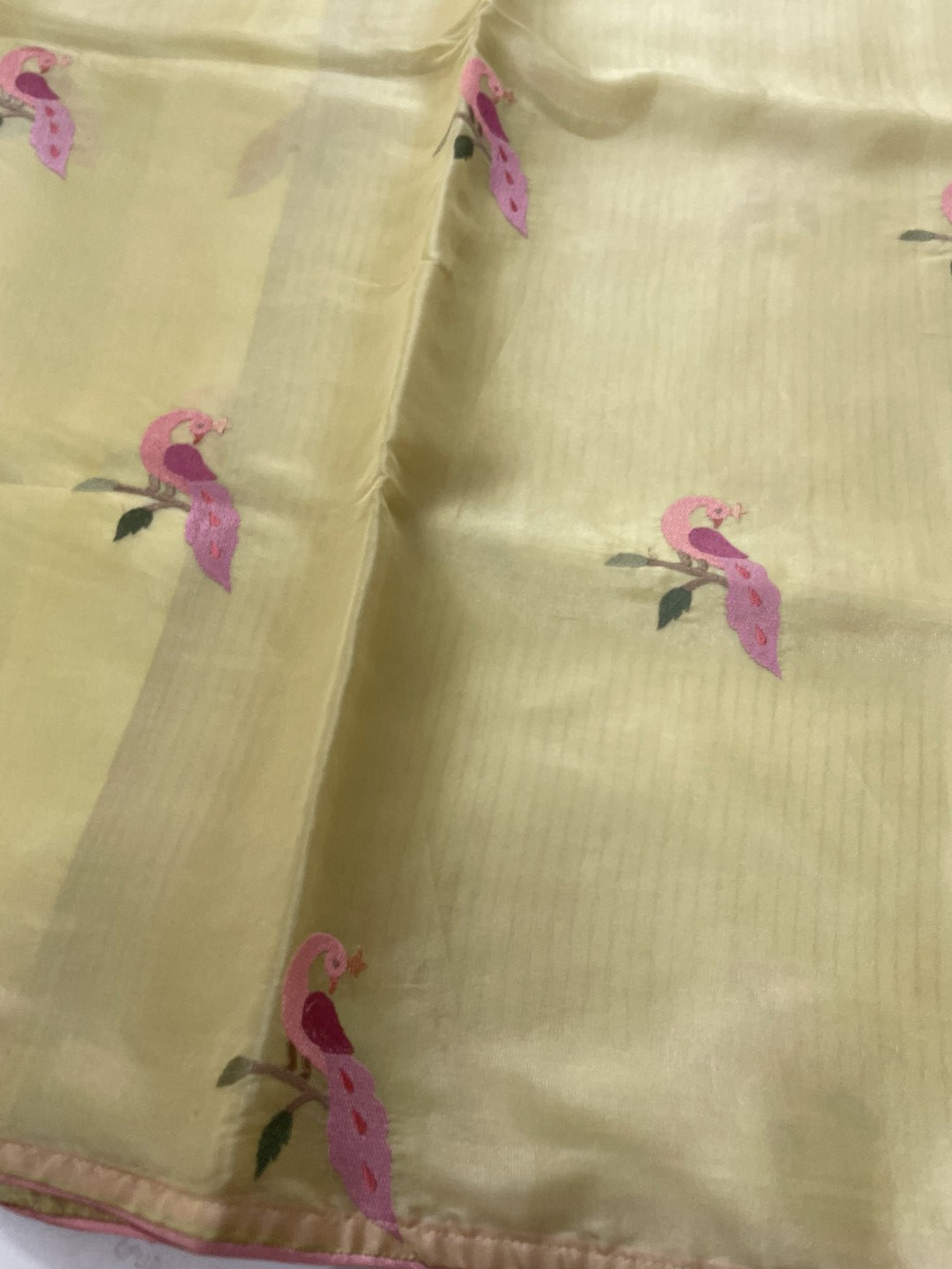 Yellow Peacock Embroidery Organza Saree