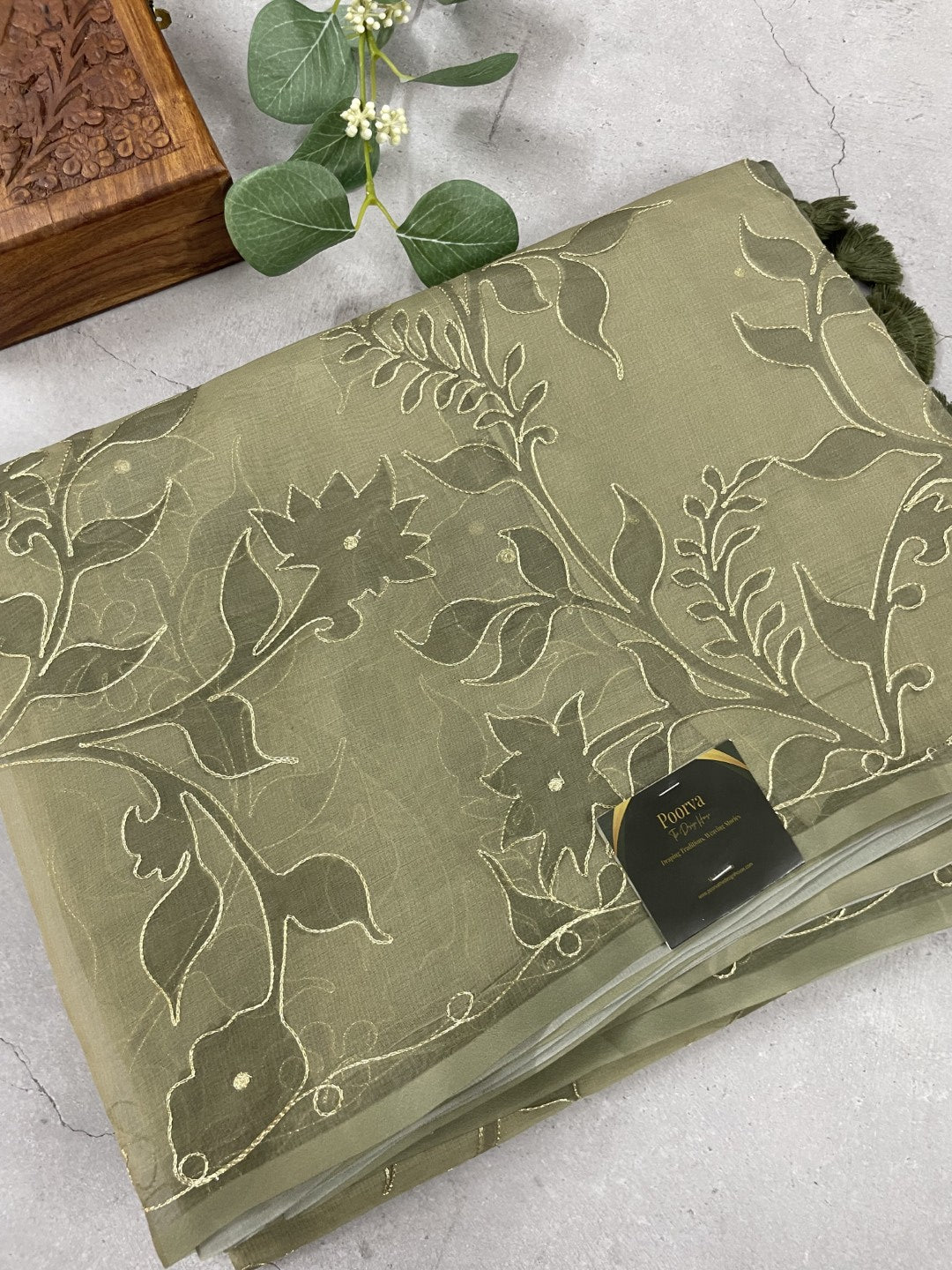 Olive Green Printed Zari Highlight Organza Saree